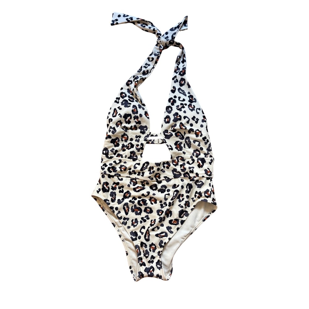 Adore Me One Piece Swimsuit Women Tan Leopard Print Cutout Halter SIZE S NWT